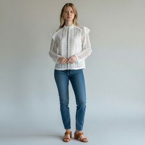 INA Lace White Mock Neck Sheer Sleeve Lace Blouse Large